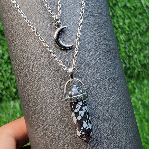 Layered Moon and Snowflake Obsidian  Crystal Stone Pendant Necklace, BS41090 - Picture 1 of 15